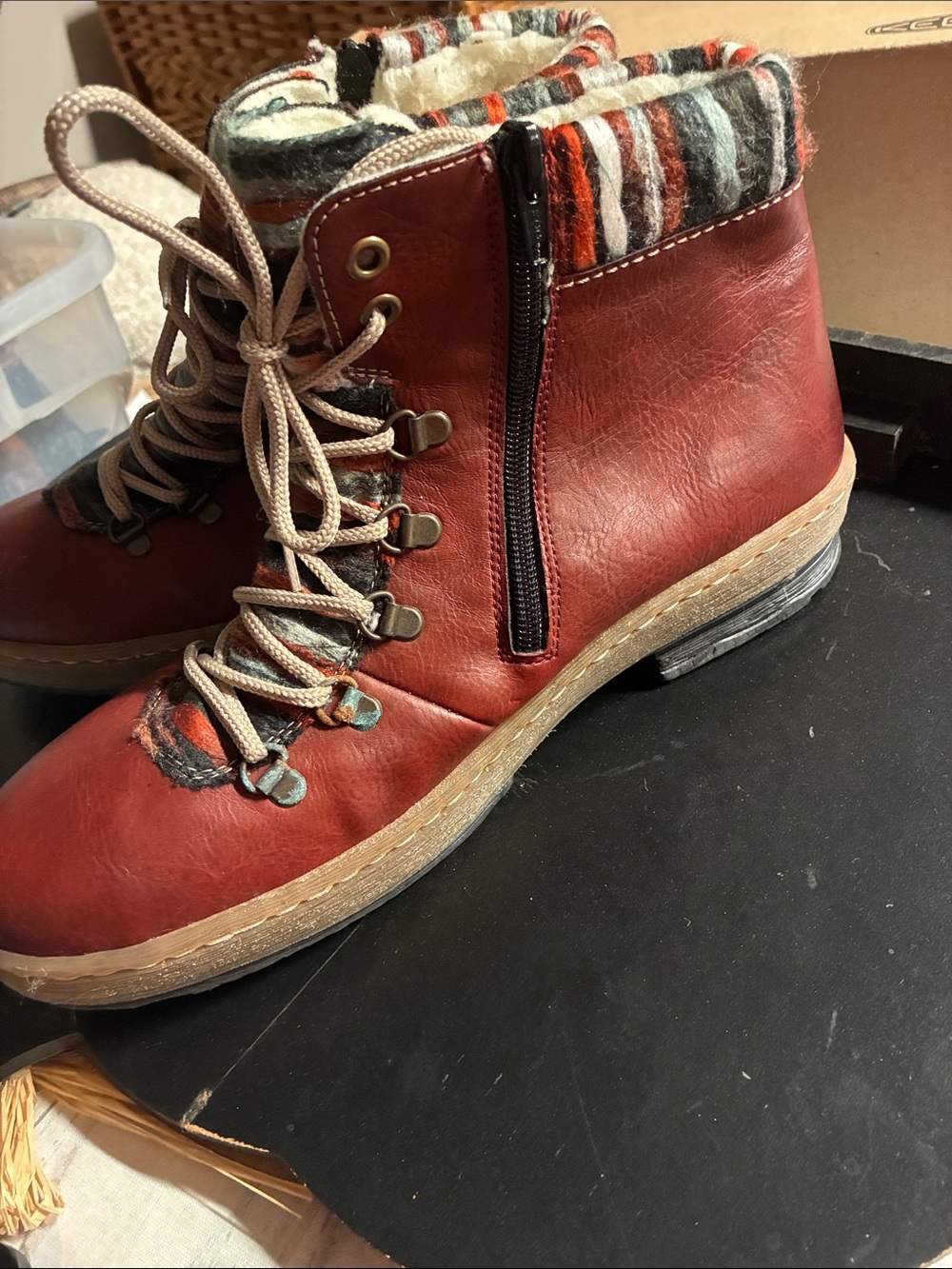 Rieker  Leather Lace-Up Ankle Boots with Striped Wool Collar